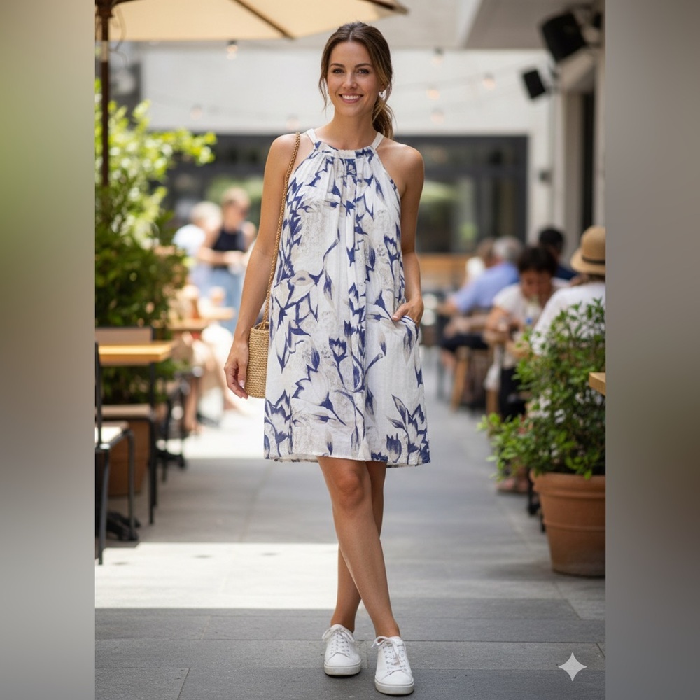 Bellambia madre in Italy Elegant Blue and White Floral Midi Dress Size L
